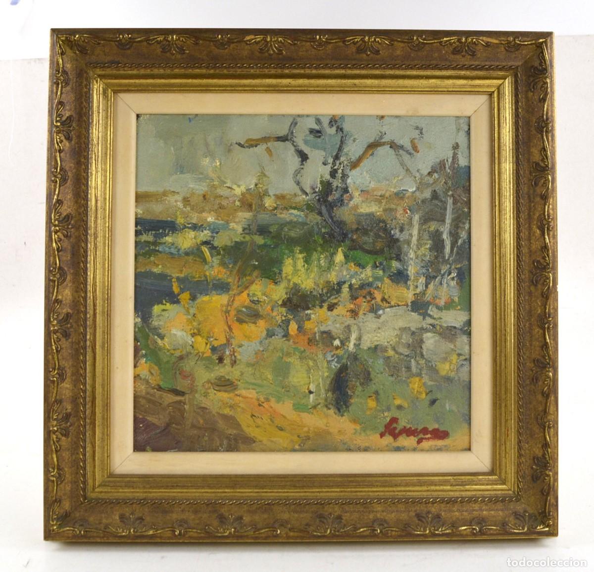 Arte: Paisaje, pintura al &oacute;leo sobre tela, escuela catalana, firma ilegible, con marco.
