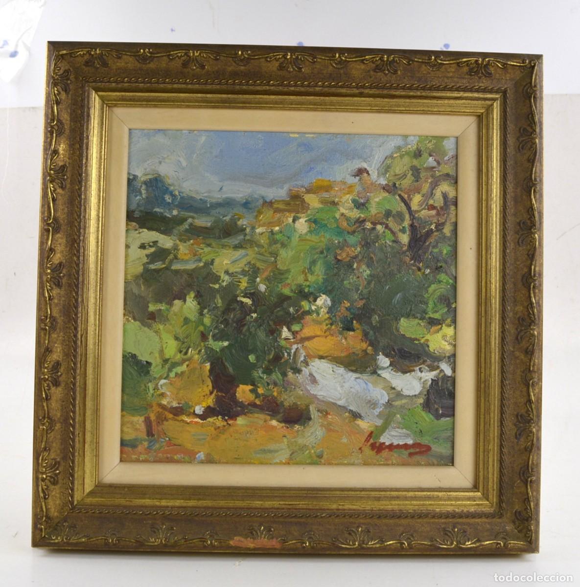 Arte: Paisaje, pintura al &oacute;leo sobre tela, escuela catalana, firma ilegible, con marco.