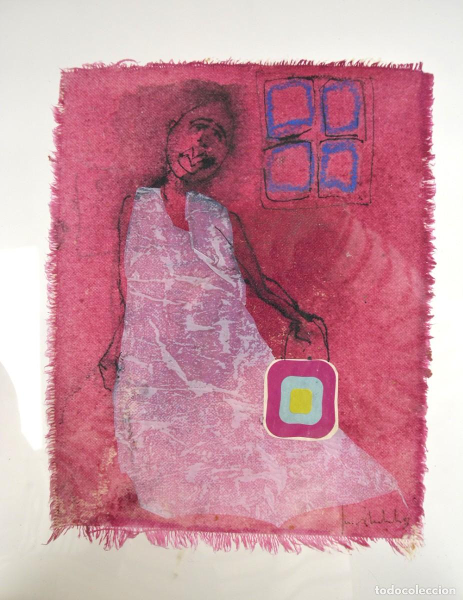 Arte: Retrato, t&eacute;cnica mixta sobre lino, collage, firma ilegible, artista por identificar, con marco.