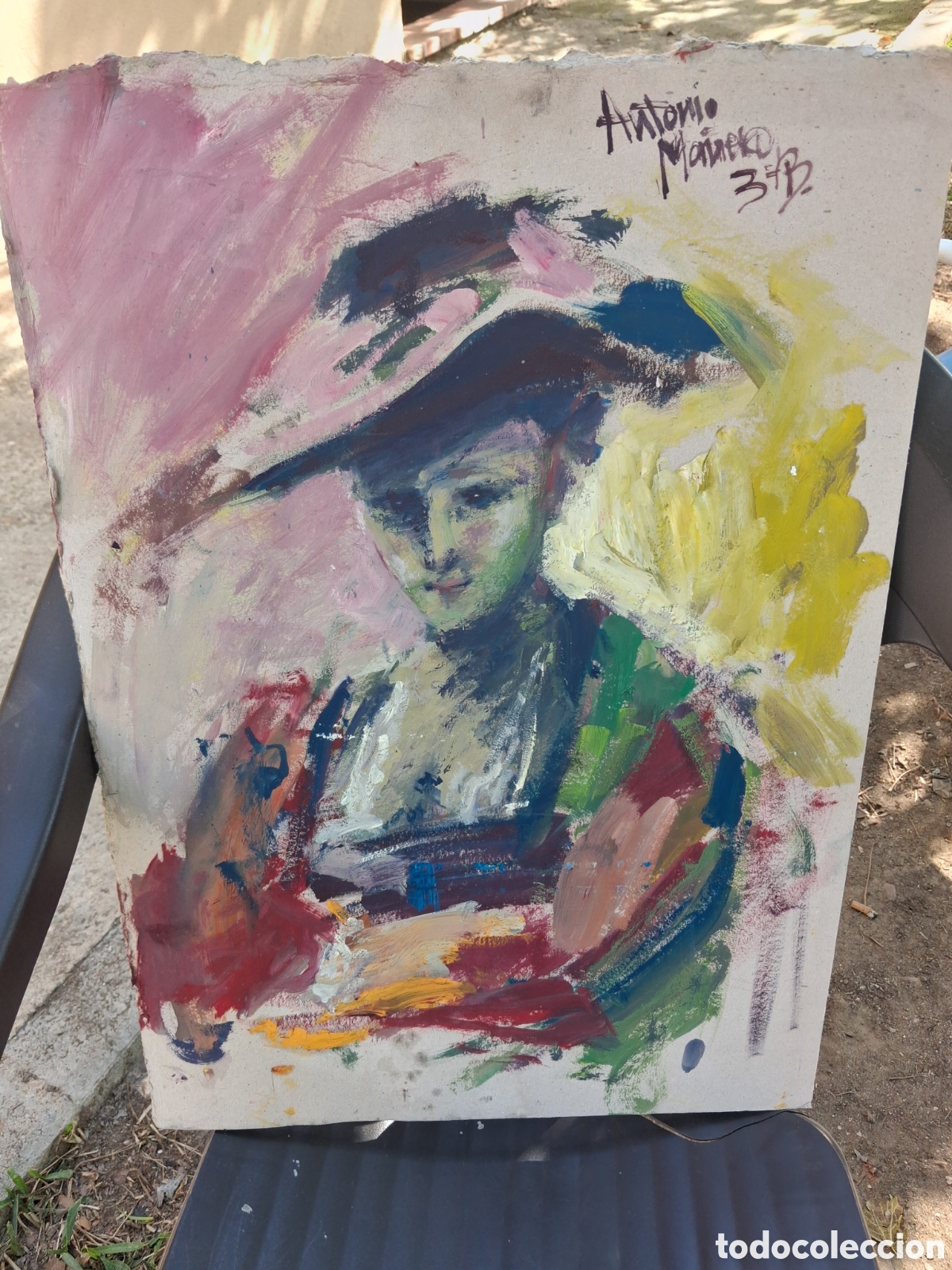 Arte: Muy bonita pintura busto de mujer con sombrero