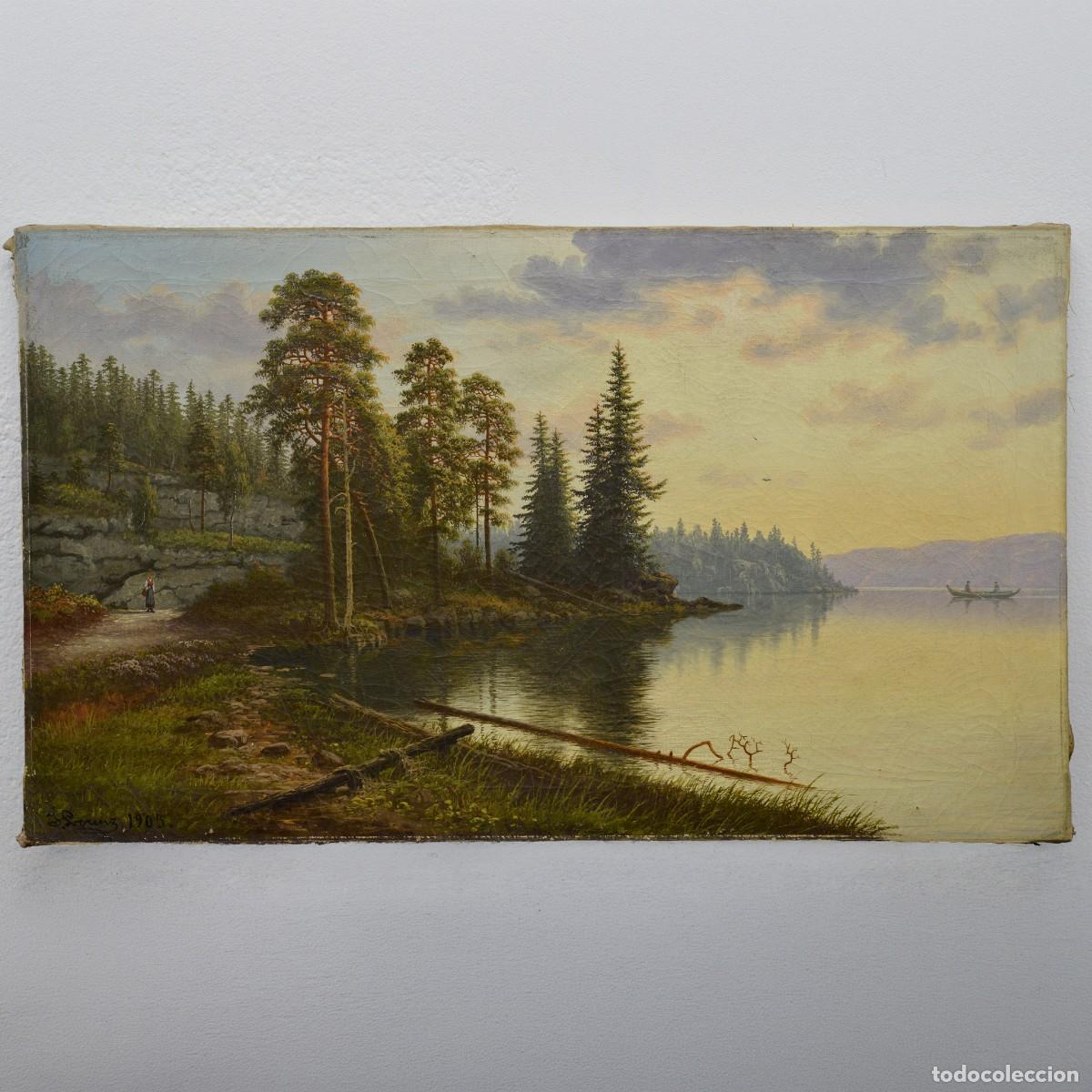 Arte: Early 20th Century Scandinavian Romantic Fjord View Landscape Oil Canvas Signed