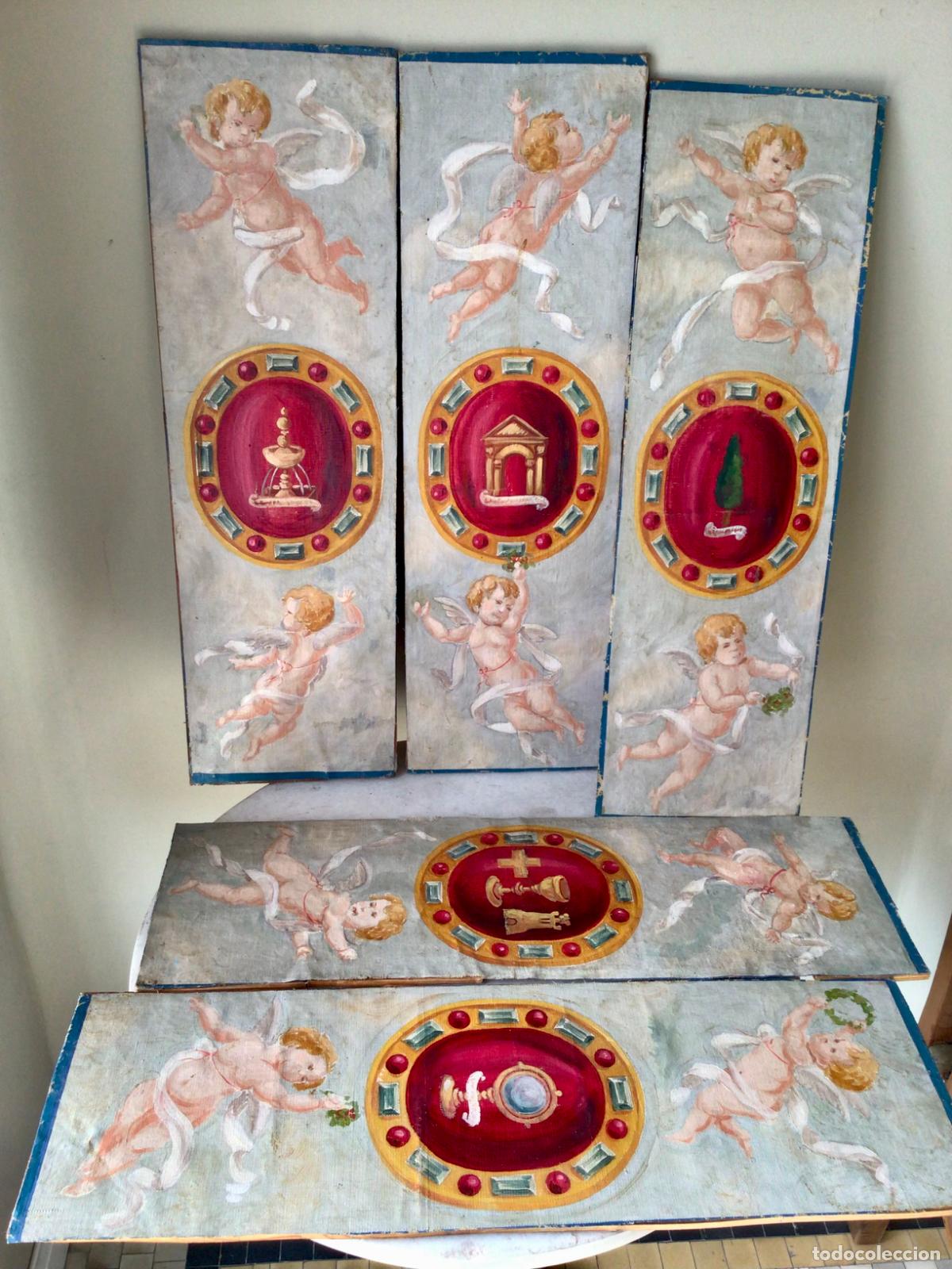 Art: ANTIGUO CONJUNTO DE 5 PINTURAS DE CAPILLA PRIVADA , OLEO SOBRE LIENZO , SIGLO XIX