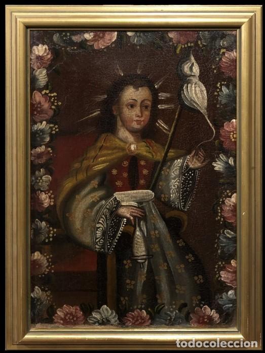 Art: Escuela peruana (siglo XIX) - La joven Virgen Mar&iacute;a hilando lana