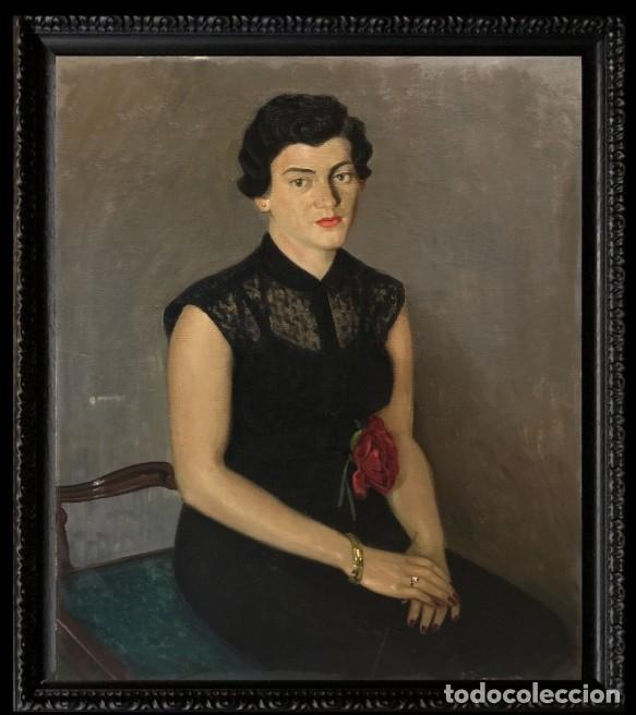 Arte: Magn&iacute;fico retrato de mujer con vestido negro - Escuela espa&ntilde;ola (XX)