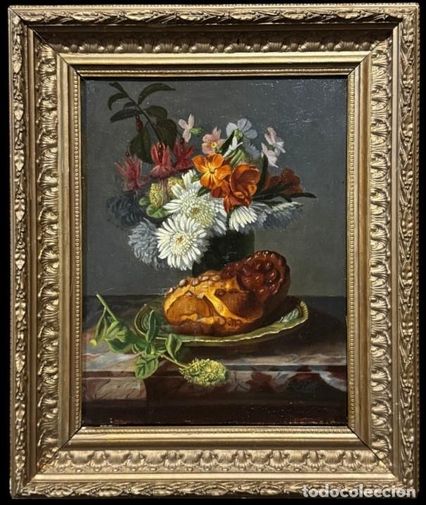 Arte: Escuela franco-mexicana (c. 1860) - Naturaleza muerta con pan de muerto y ramo de flores
