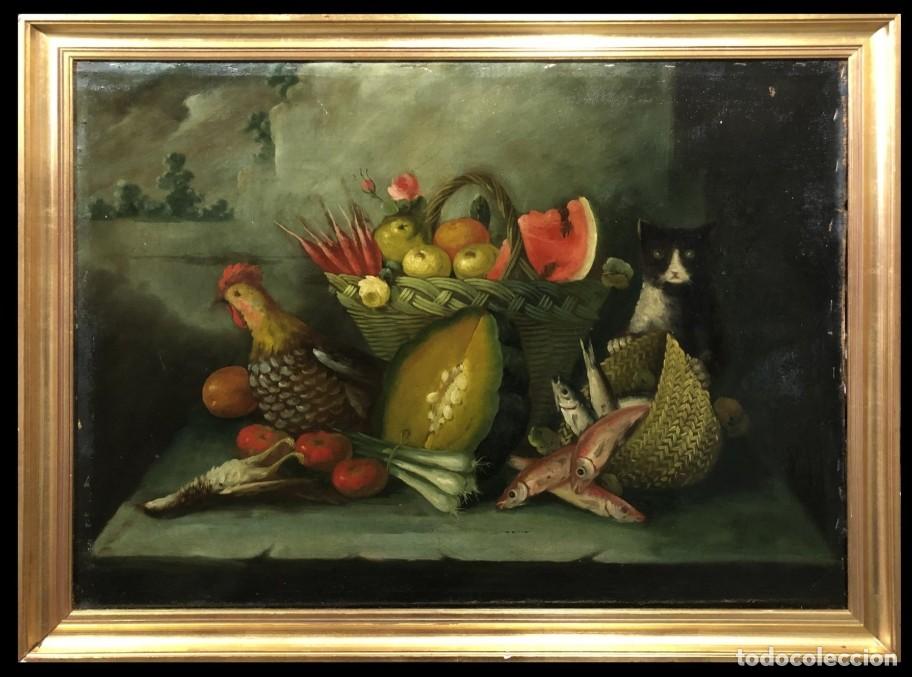 Arte: Escuela Realista (XIX) - Magn&iacute;fica naturaleza muerta con frutas y animales