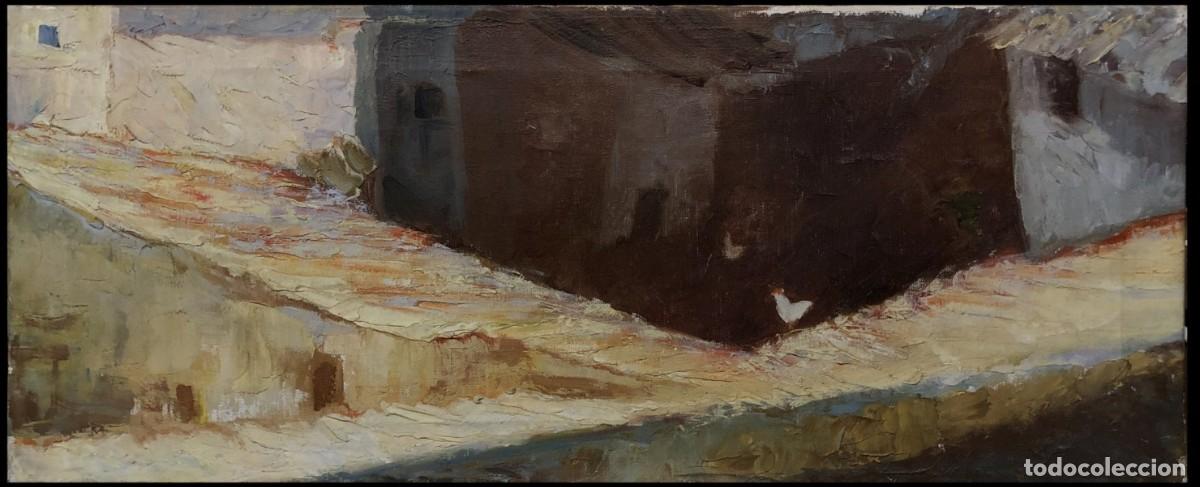 Arte: Escuela espa&ntilde;ola (c. 1960) - Vista de pueblo con gallina