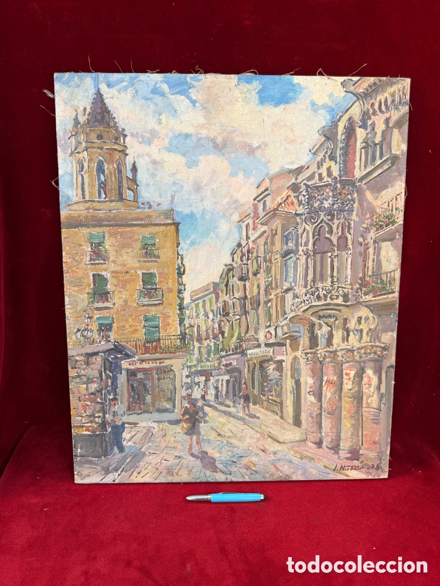 Arte: Antiguo cuadro Oleo de Josep Nicolas 1978,Reus!Plaza de Espa&ntilde;a!