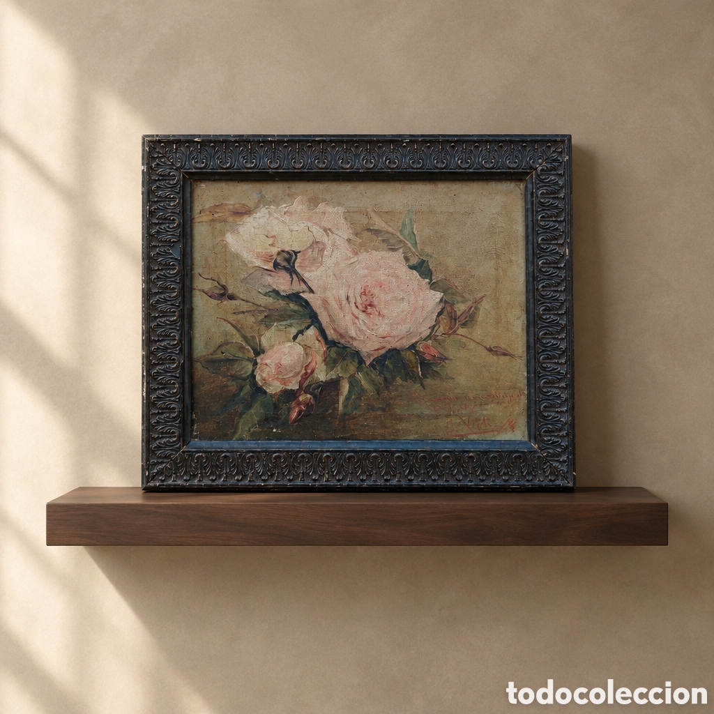 Arte: &Oacute;LEO SOBRE LINZO, BODEG&Oacute;N CON ROSAS FIRAMADO J. VERDI, A&Ntilde;O 1894. CON DEDICATORIA