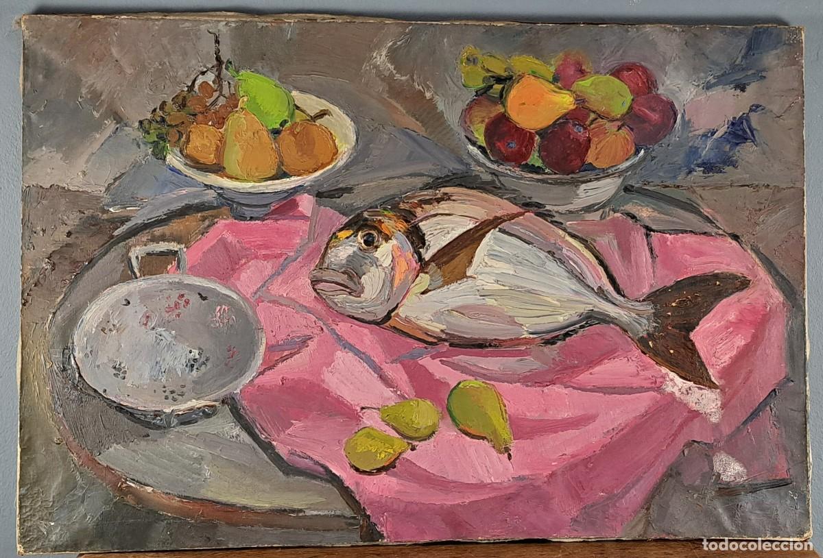 Art: Gran &oacute;leo sobre lienzo, bodeg&oacute;n con pescado y frutas, siglo XX