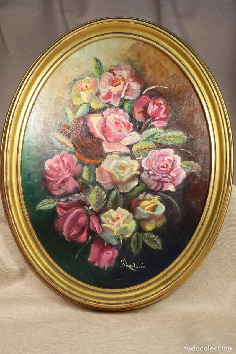 Art: &Oacute;leo sobre tabla ovalado rosas. Firmado Bordella. Oval oil painting on panel depicting roses. Signed