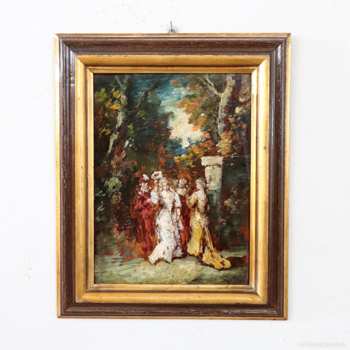 Arte: &Oacute;leo sobre tabla del siglo XIX, escena galante, firmado