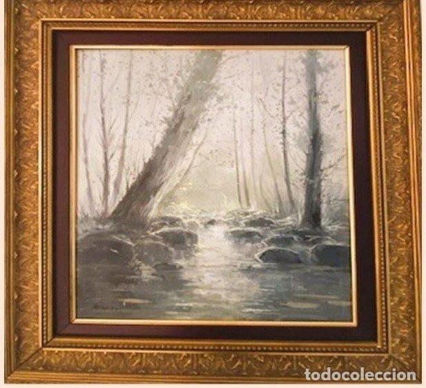 Arte: &Oacute;leo sobre lienzo bosque con arroyo, firmado
