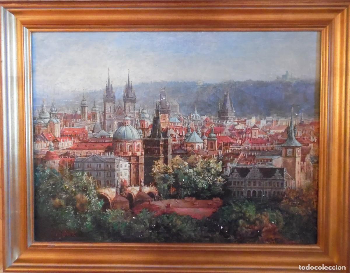 Arte: Praga, &oacute;leo enmarcado 56 x 71 cm. con firma &Scaron;těp&aacute;nek. Checoslovaquia, Chequia, Rep&uacute;blica Checa