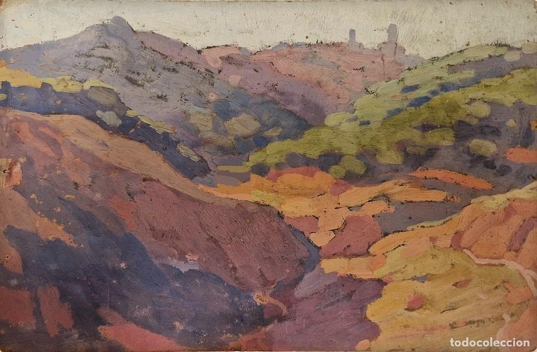 Arte: Escuela mallorquina, &oacute;leo/cart&oacute;n 19,5 x 13 cm. Paisaje.