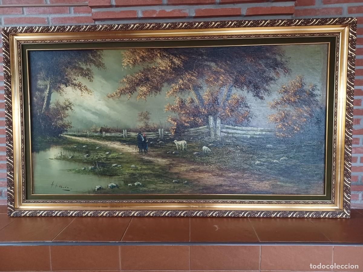 Art: Gran cuadro &oacute;leo sobre lienzo, paisaje cl&aacute;sico (170 x 96 cm) con marco dorado.