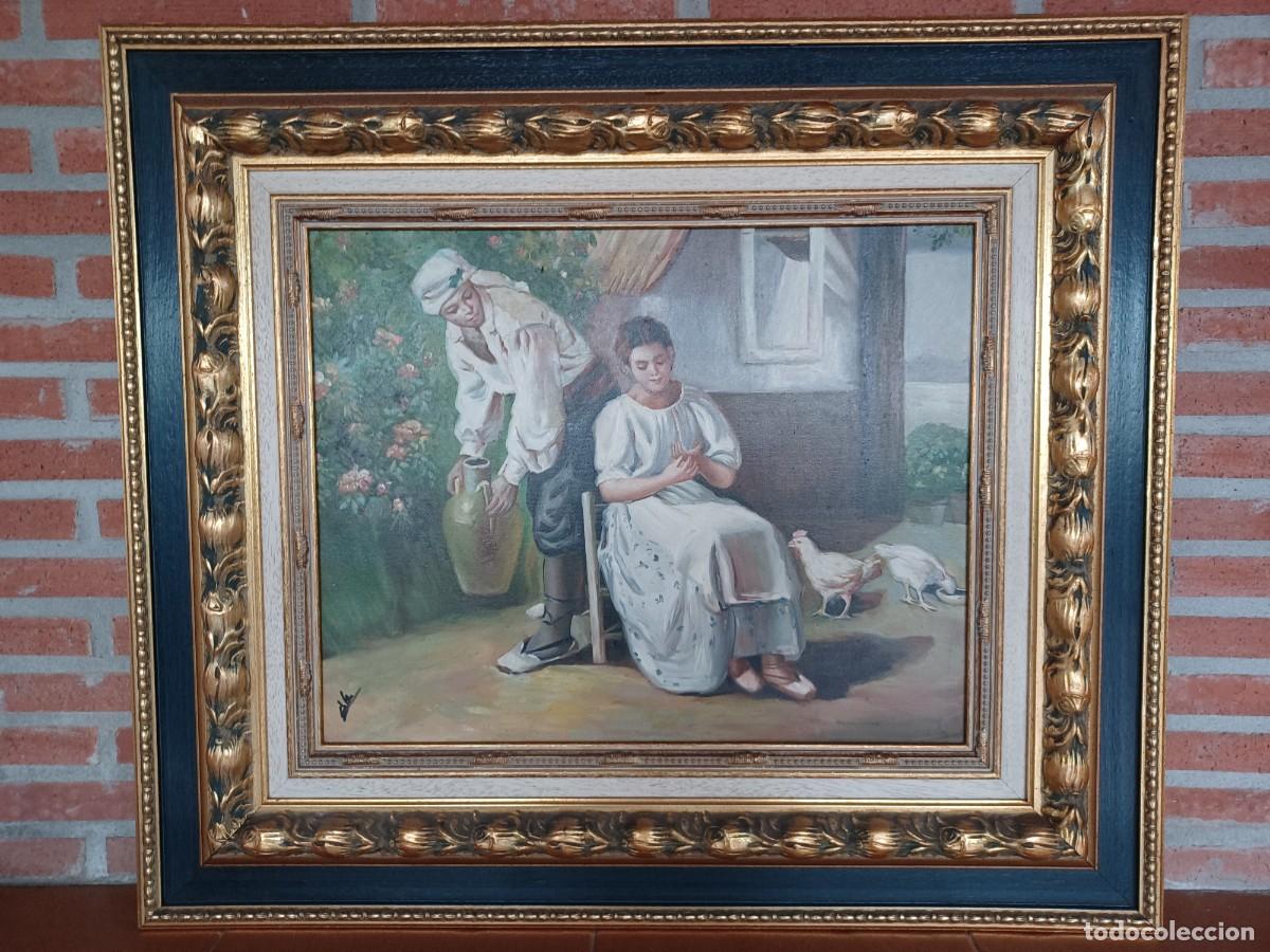 Arte: Cuadro &oacute;leo sobre lienzo escena costumbrista / huertana con marco cl&aacute;sico (80x68 cm).
