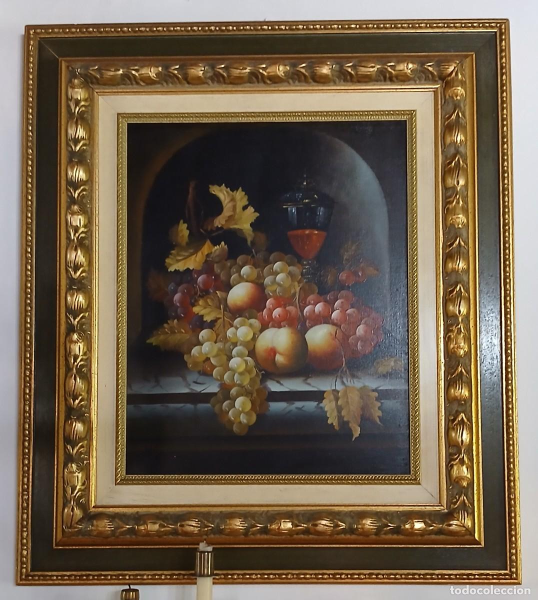 Arte: Cuadro &oacute;leo sobre lienzo. Bodeg&oacute;n cl&aacute;sico con gran marco dorado tallado