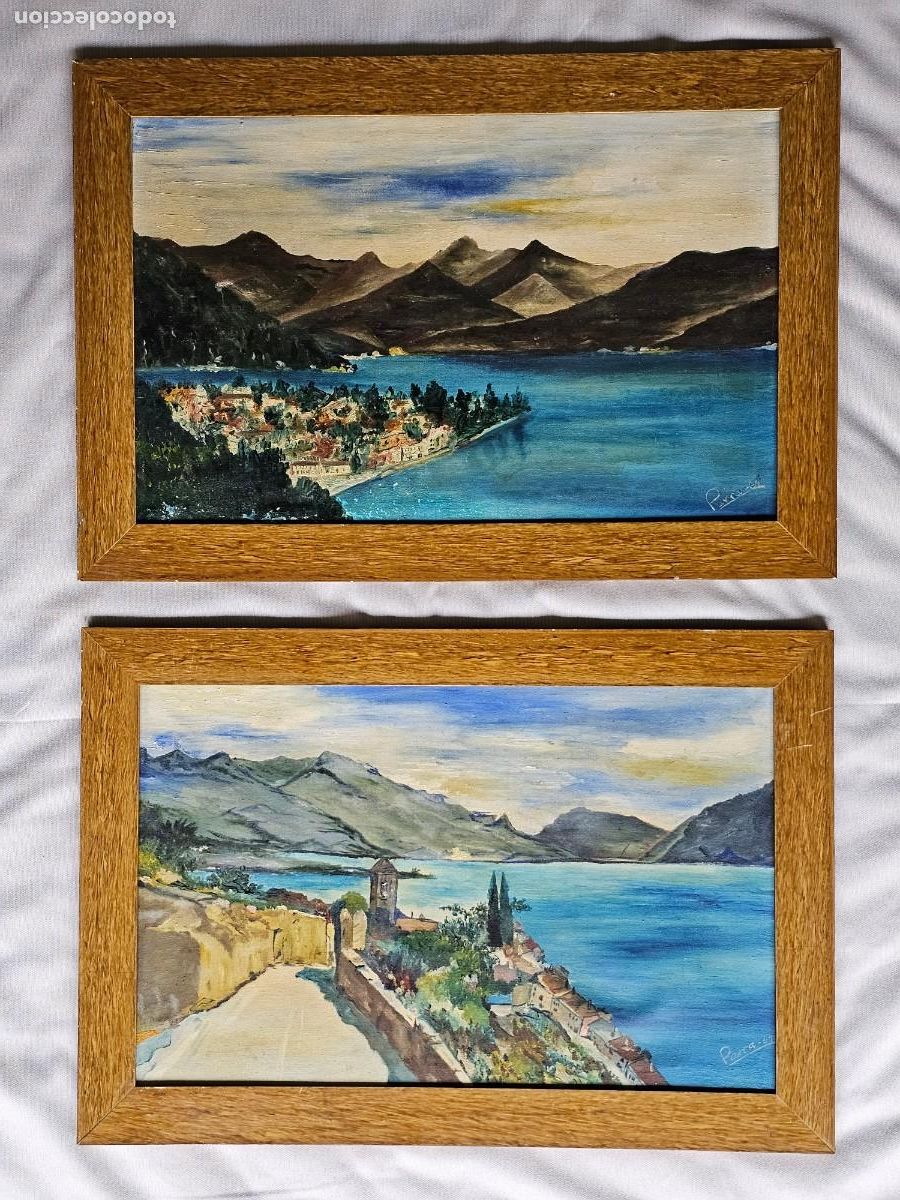 Arte: Pareja de cuadros, &oacute;leo sobre lienzo, paisaje naif vintage (1962-64), lienzo amateur, Firmados Parra