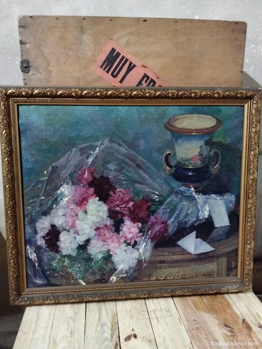 Arte: Bonito &oacute;leo sobre lienzo--Claveles de novia--Miguel Vaquer--Marco de madera