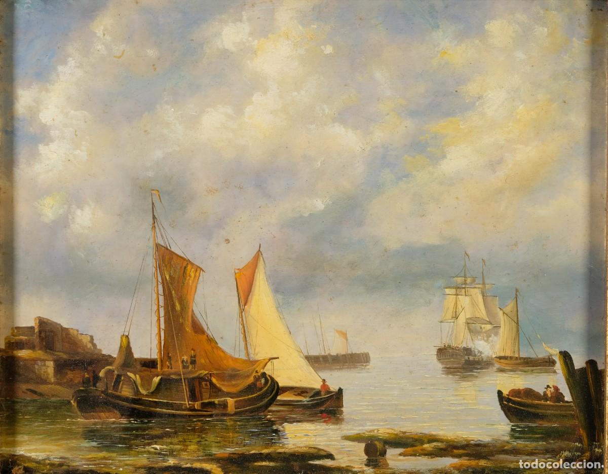 Kunst: &Oacute;leo sobre tabla &rdquo;Vista costera portuaria&rdquo; principios siglo XX
