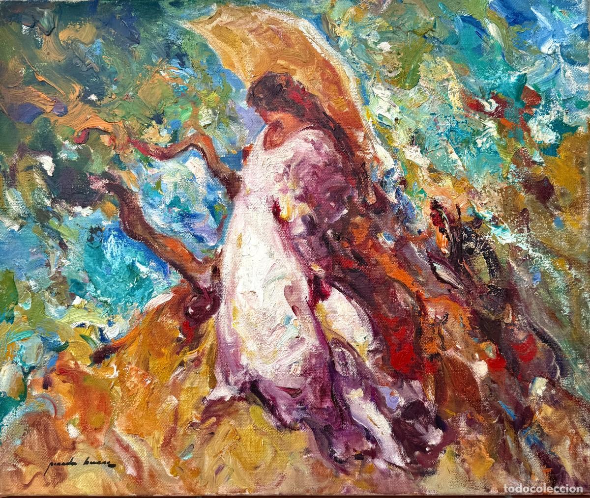 Arte: Jos&eacute; Antonio Pineda Bueno (1950) - Luz estival - &Oacute;leo sobre lienzo - Mujer en jard&iacute;n mediterr&aacute;neo