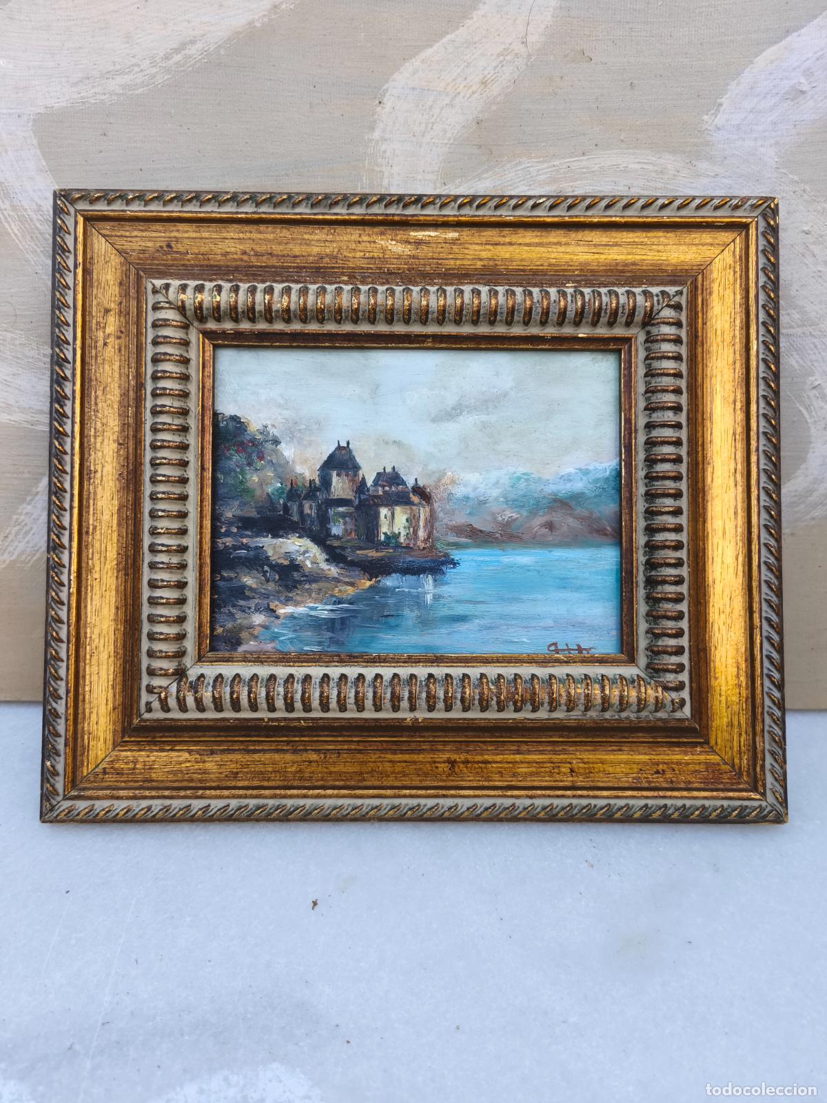 Arte: PINTURA AL OLEO SOBRE TABLA CASTILLO JUNTO AL LAGO.