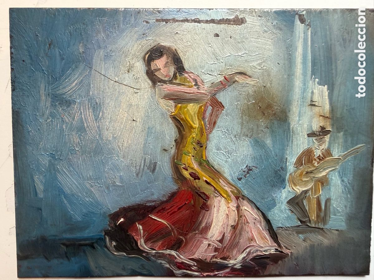 Arte: Ocasi&oacute;n. &Oacute;leo sobre cobre bailaora flamenca y guitarrista
