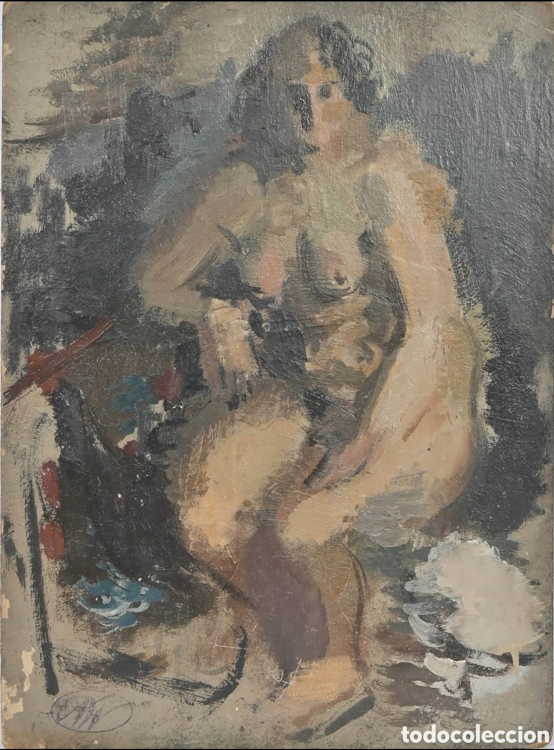 Arte: Nicolas WACKER (1897-1987) Desnudo femenino sentado &Oacute;leo sobre cart&oacute;n(peque&ntilde;as faltas)Sello monogram
