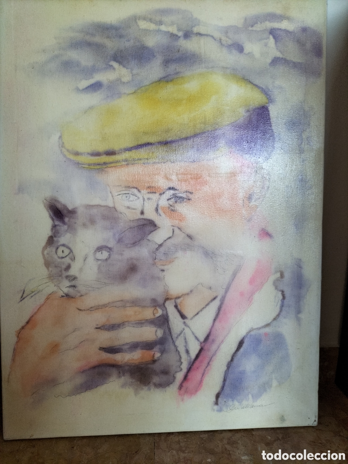 Arte: L'uomo e il gatto quadro di Natale Autelitano anni 80