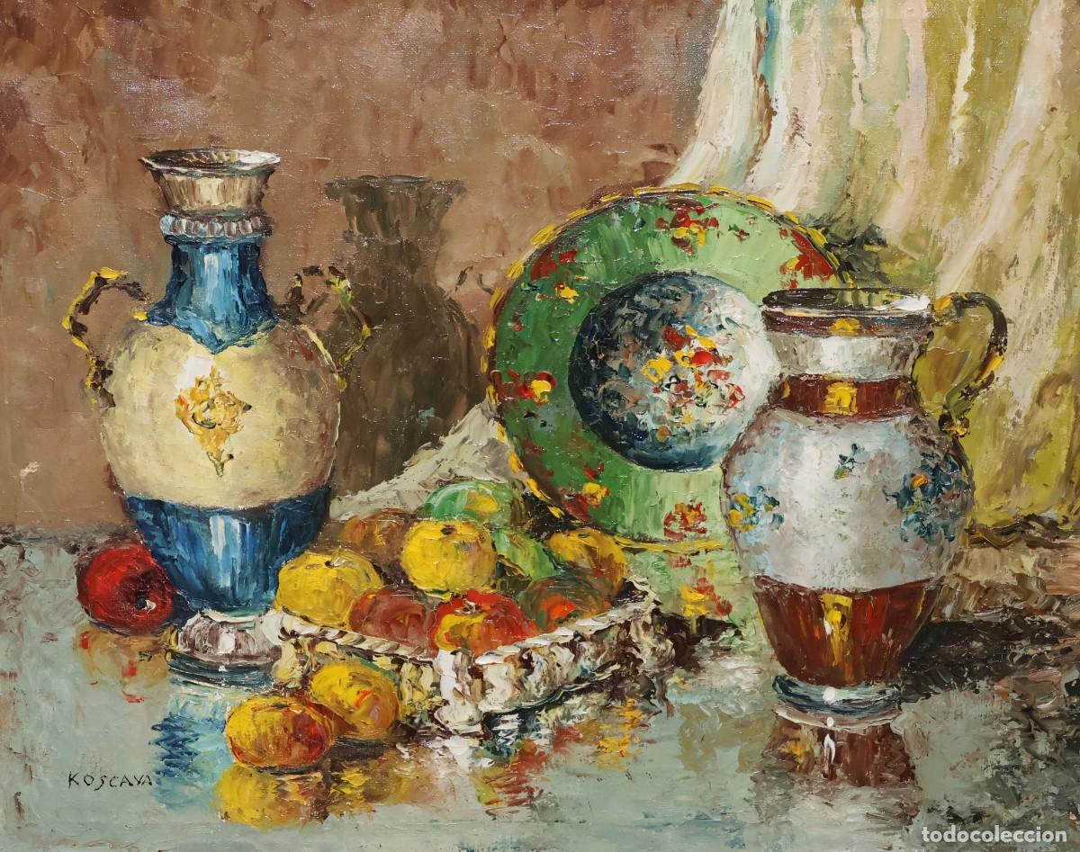 Arte: ENRIQUE KOSKAYA (1901 - 1970) OLEO SOBRE TELA. BODEGON CON CERAMICAS Y FRUTAS