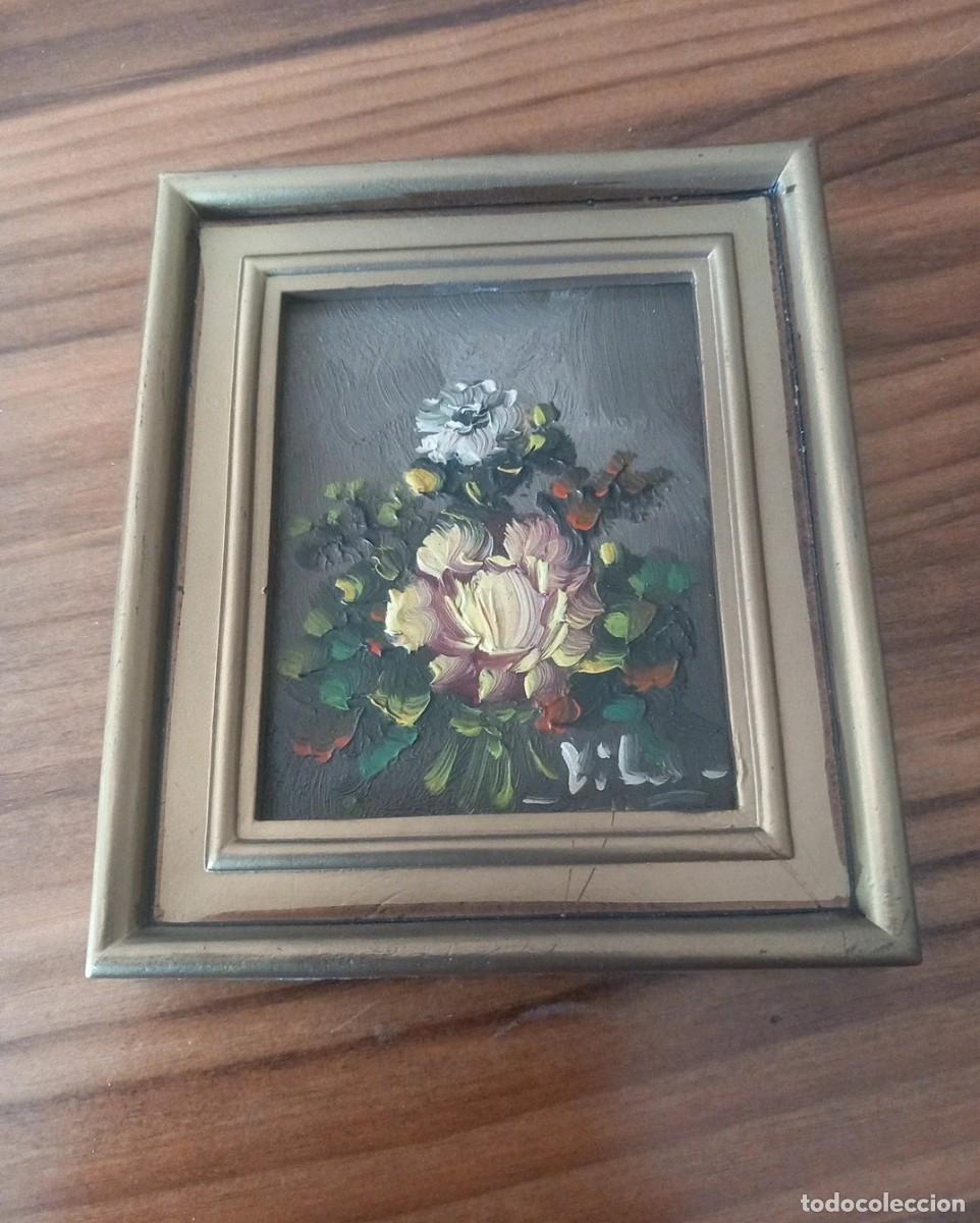 Arte: Bodeg&oacute;n oleo peque&ntilde;o flores vintage