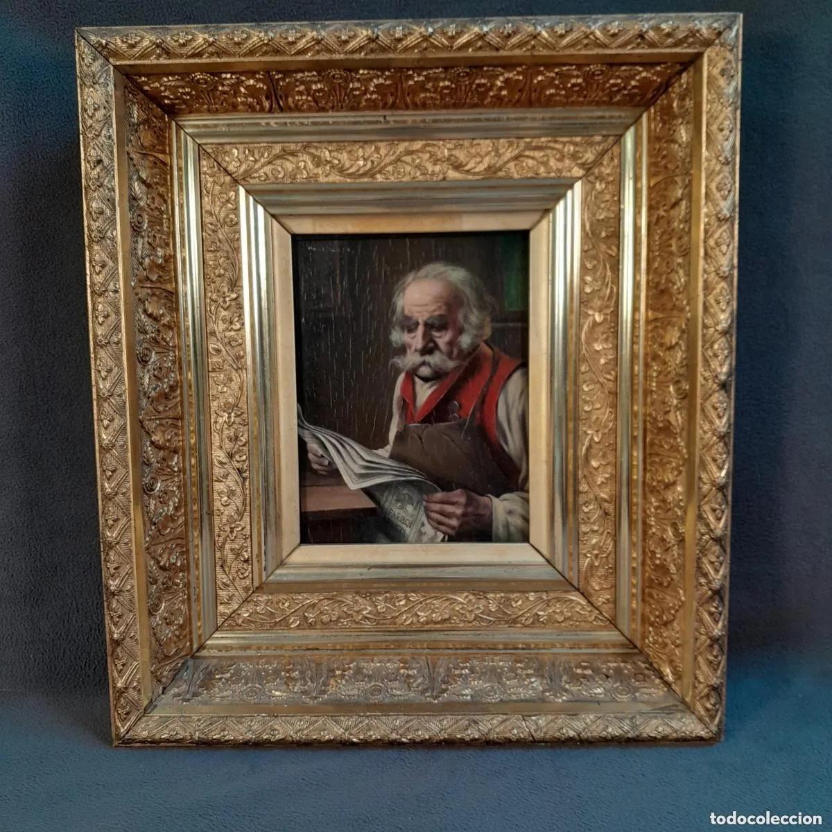 Arte: C-2053. PINTURA AL &Oacute;LEO RETRATO DE ARTESANO LEYENDO EL PERI&Oacute;DICO. ESCUELA ALEMANA. 1955
