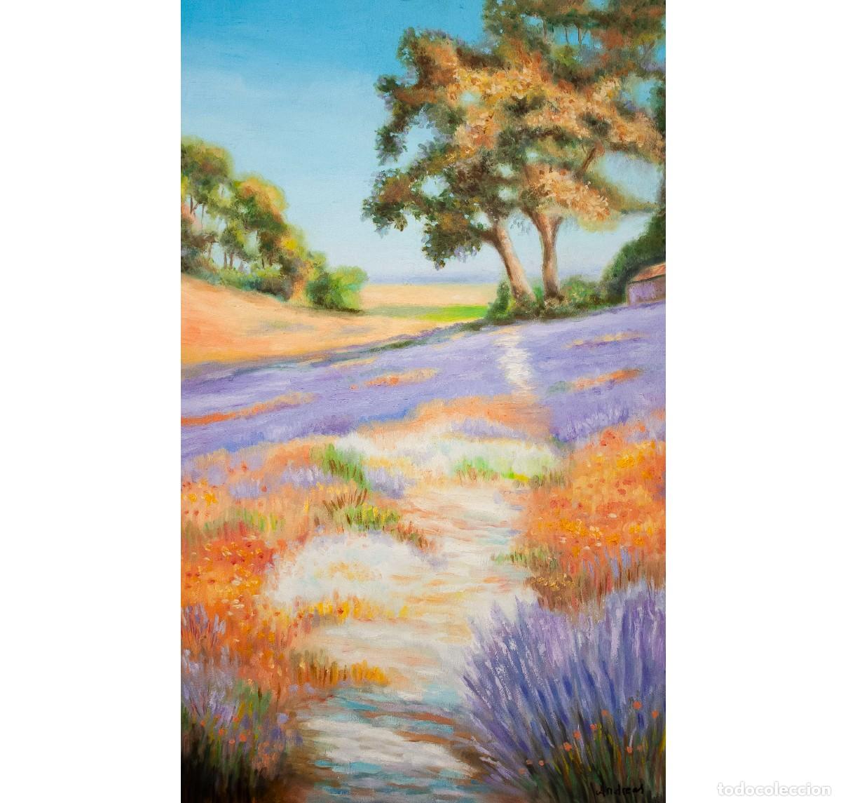 Arte: Cuadro al &oacute;leo, sobre tabla de madera, paisaje lavanda con lilas y &aacute;rboles.