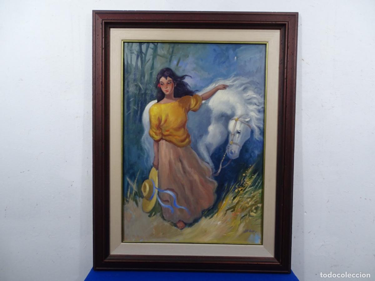 Arte: GRAN OLEO TABLA ALBERT ROCA I CAMA (PALAMOS 1945-2023). CHICA CON CABALLO.