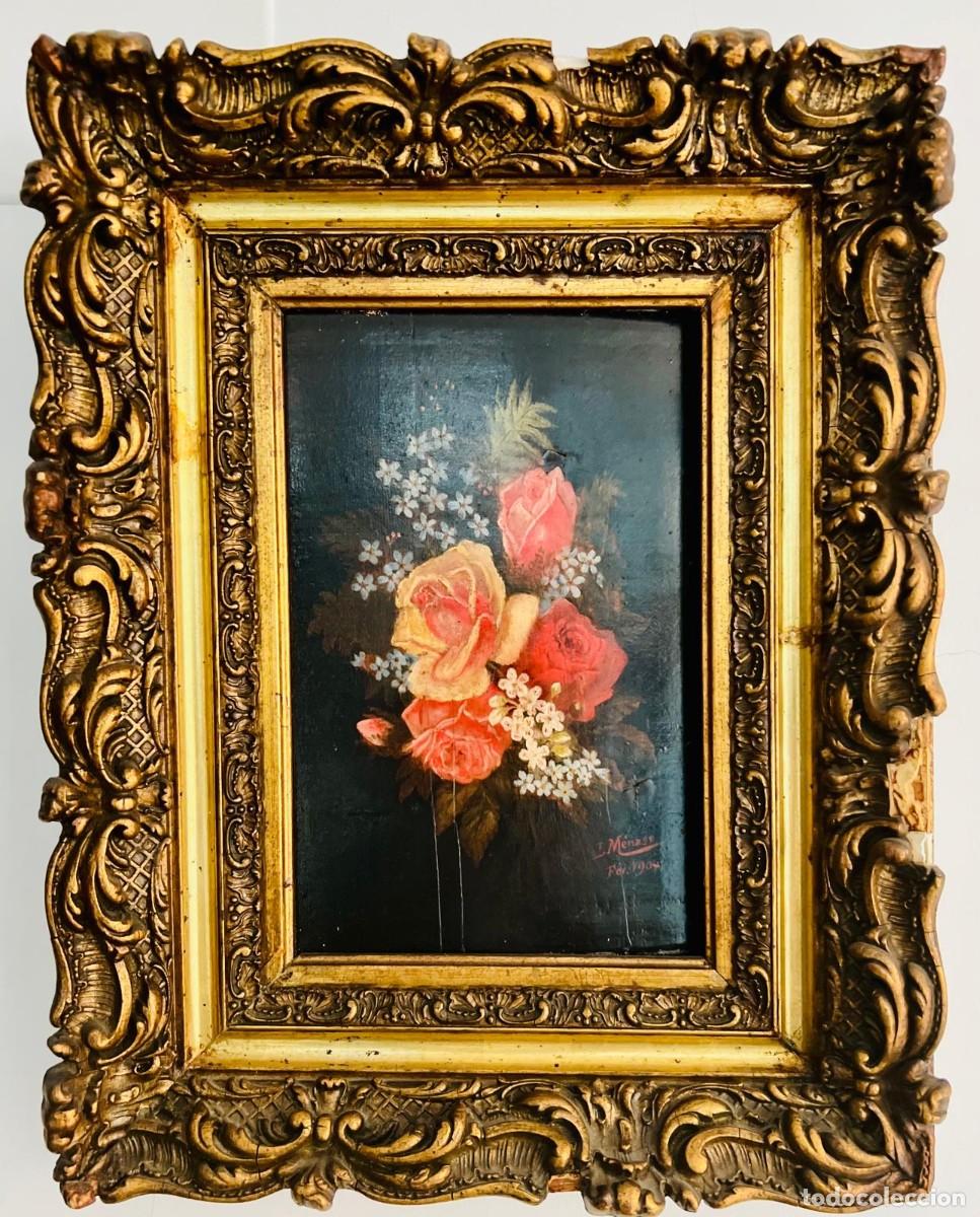 Arte: ANTIGUO &Oacute;LEO SOBRE TABLA &ndash; BODEG&Oacute;N FLORAL &ndash; L. MENAGE &ndash; 1904