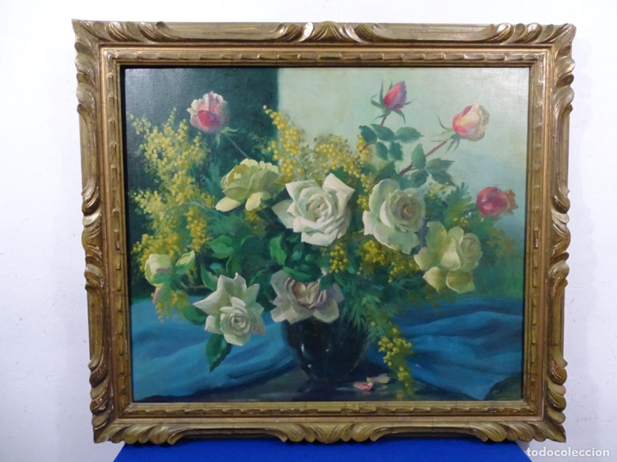 Arte: GRAN OLEO TELA FIRMADO RIERA. BODEGON FLORES. DOMINIO DE LA LUZ Y EL CONTRASTE.