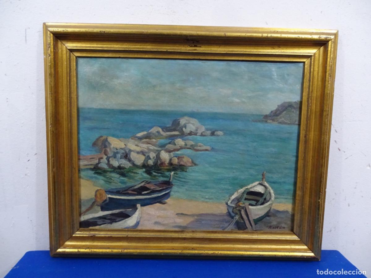 Arte: &Oacute;LEO REENTELADO FIRMADO ROTLLAN. ESCUELA CATALANA. BARCAS EN LA COSTA.