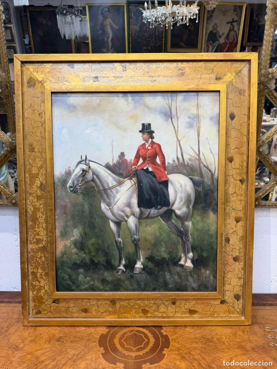 Arte: Pintura ecuestre de elegante mujer amazonas a caballo,