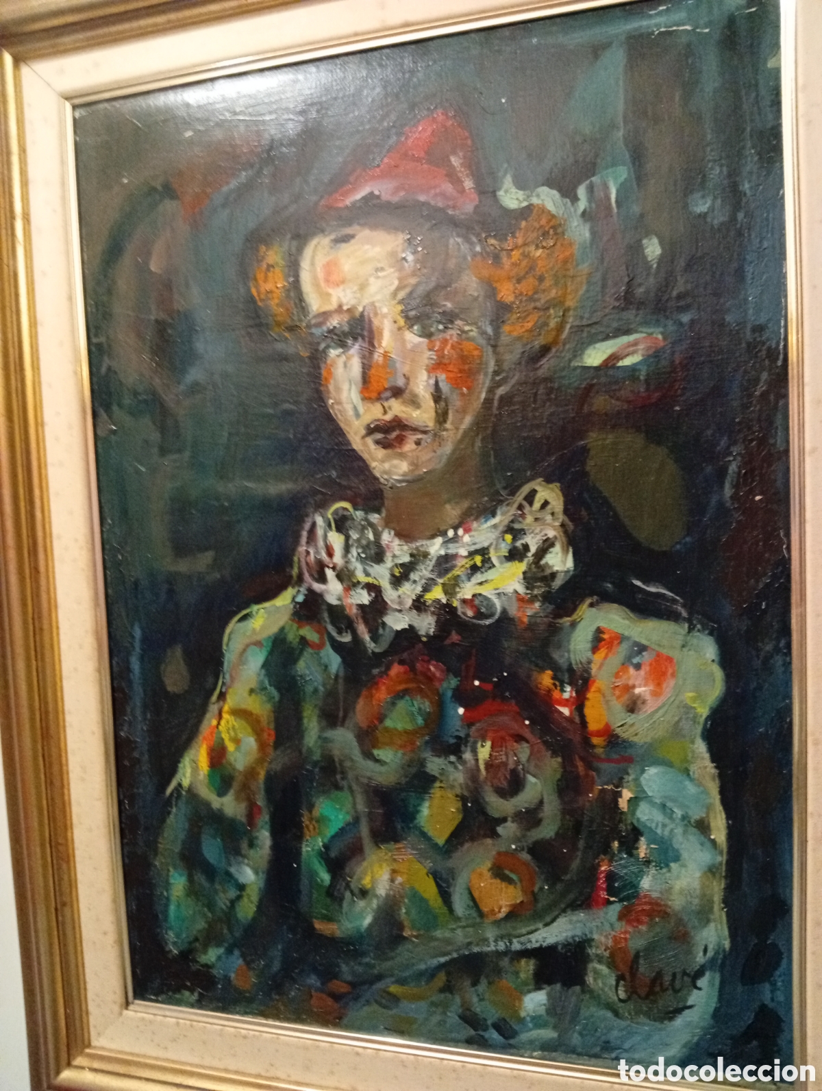 Arte: Extraordinaria obra arlequ&iacute;n pintura Oleo lienzo a&ntilde;os 40/50 firmado Clave