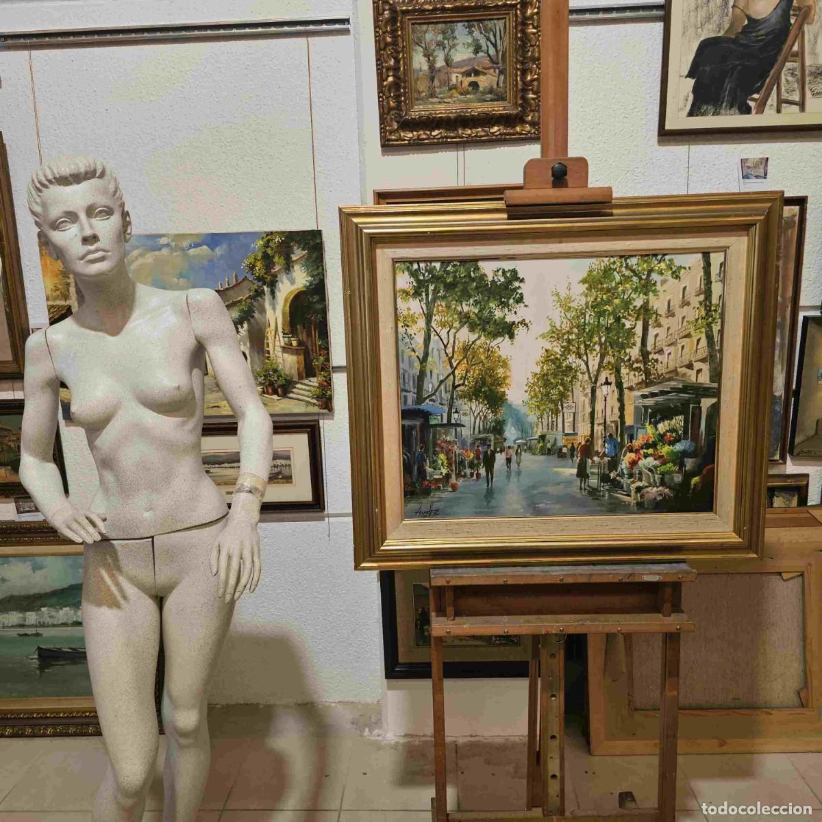 Arte: A. VALLZ Precioso oleo de las Ramblas de Barcelona