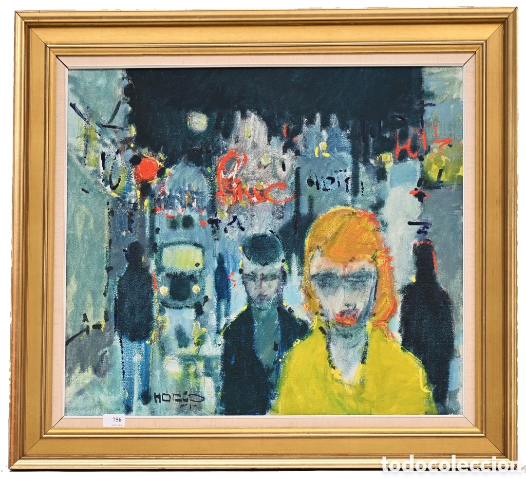 Arte: Knud Horup ( 1926-1973 ) 60x70 cms Calle animada - fondo calle nocturna impresionista