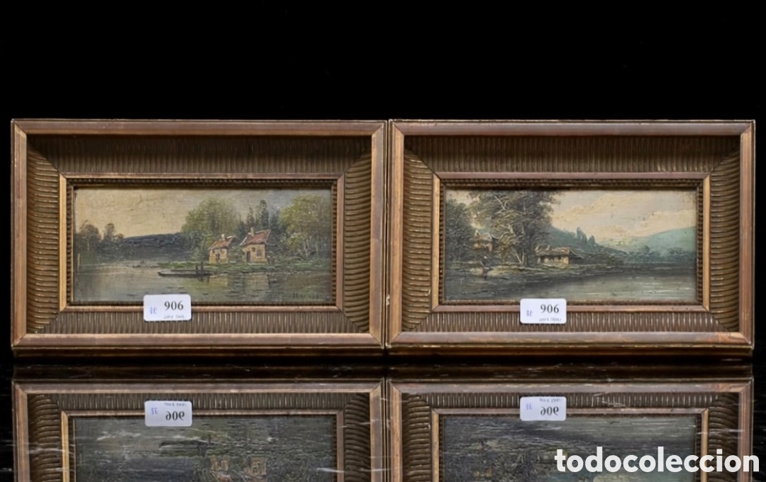 Arte: Cl&eacute;ment Pareja de &oacute;leos sobre tabla 12x23 cms Paisajes lacustres - marcos dorados antiguos - Pareja
