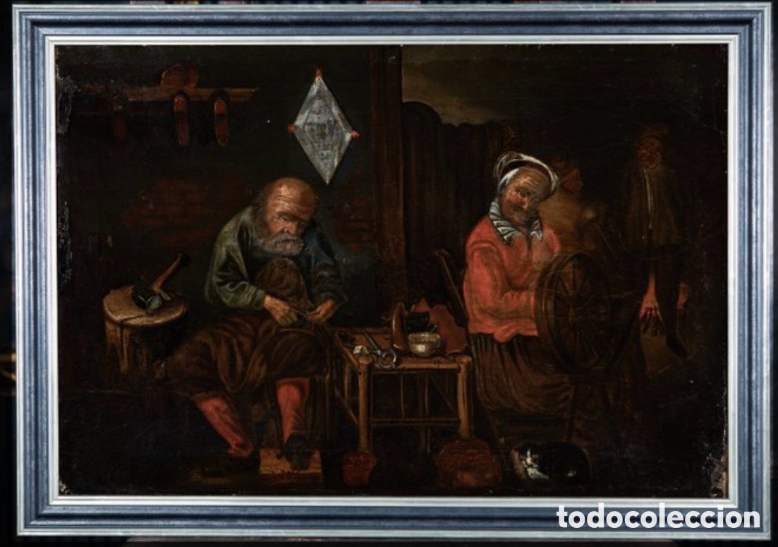 Arte: &Oacute;leo sobre lienzo El zapatero y la hilandera &ndash; Interior flamenco s. XVII, c&iacute;rculo de Teniers