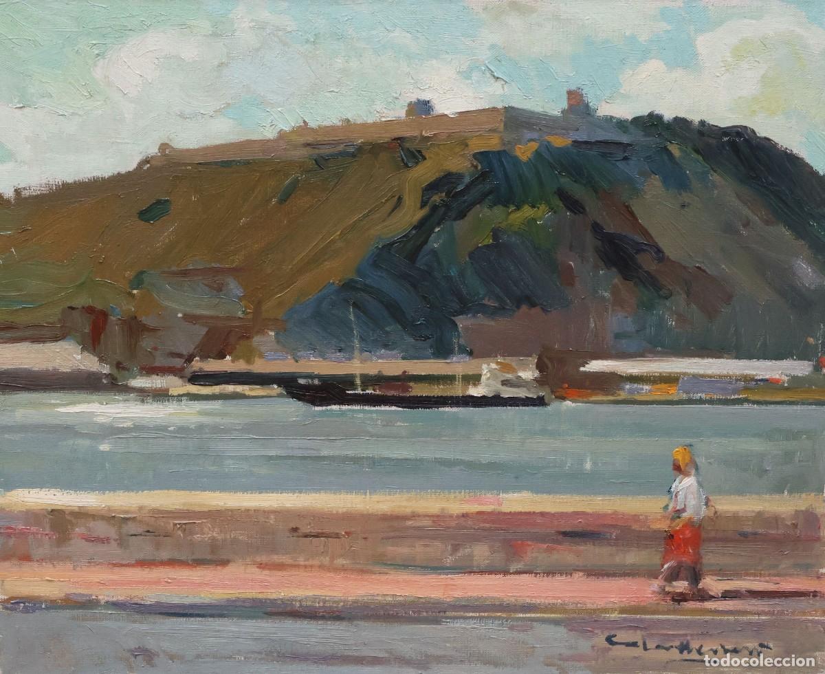 Arte: ANTONI SALA HERRERO (1927-2012) OLEO SOBRE TELA DEL A&Ntilde;O 1973. MARINA CON MONTJUICH DE FONDO
