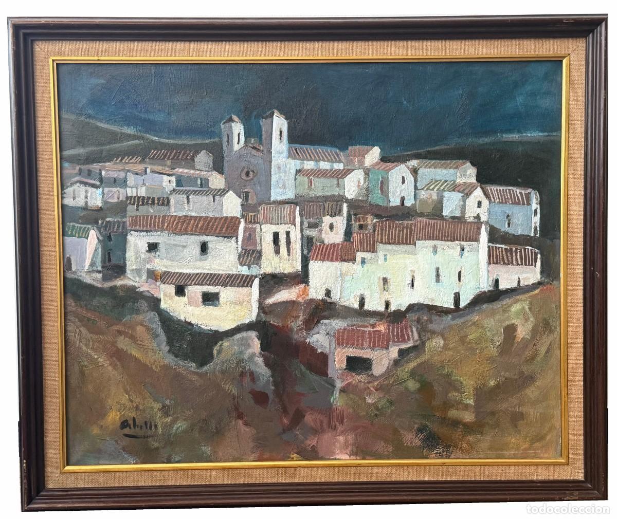 Arte: Bonito oleo sobre lienzo Pueblo turolense de Juan Jose Abella