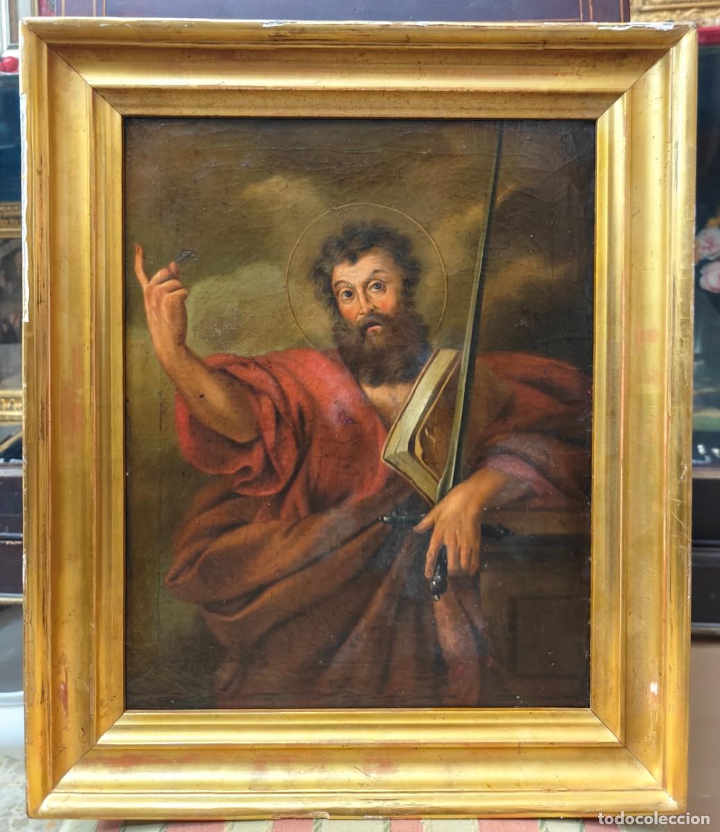 Arte: - San Pablo Ap&oacute;stol siglo XIX - Escuela Espa&ntilde;ola / Marco Dorado y bastidor de epoca