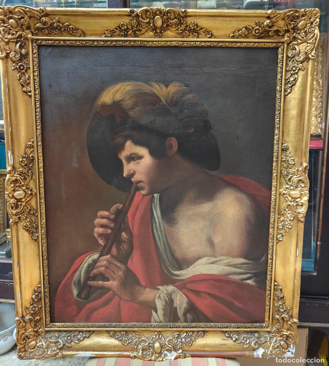 Arte: Cuadro Antiguo &Oacute;leo Sobre Lienzo - Joven Flautista S. XIX/ Gran Marco Dorado de la epoca