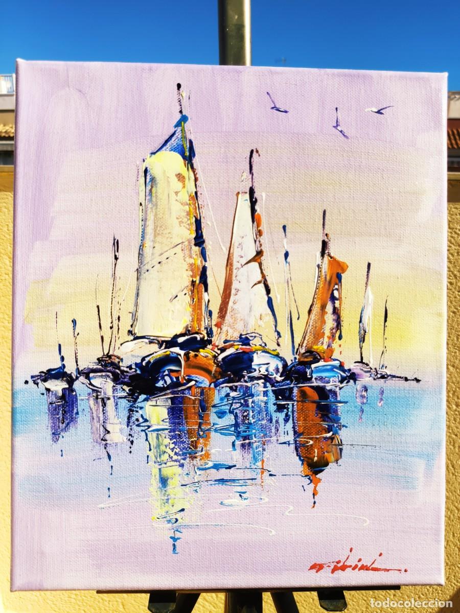 Arte: Cuadro al oleo sobre lienzo ,,los barcos,,tama&ntilde;o 25x30, a&ntilde;o 2020