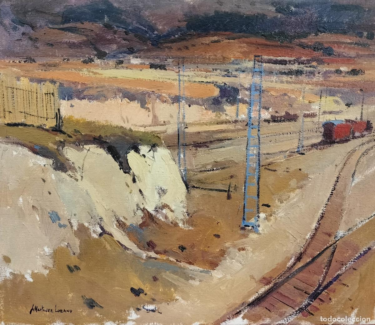 Arte: VISTA DE LAS V&Iacute;AS DEL TREN ENTRE LOS CAMPOS. MARTINEZ LOZANO. &Oacute;LEO SOBRE LIENZO. ESPA&Ntilde;A. SIGLO XX.